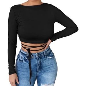 Black Nylon Long Sleeve Crop Top with Tie Wrap